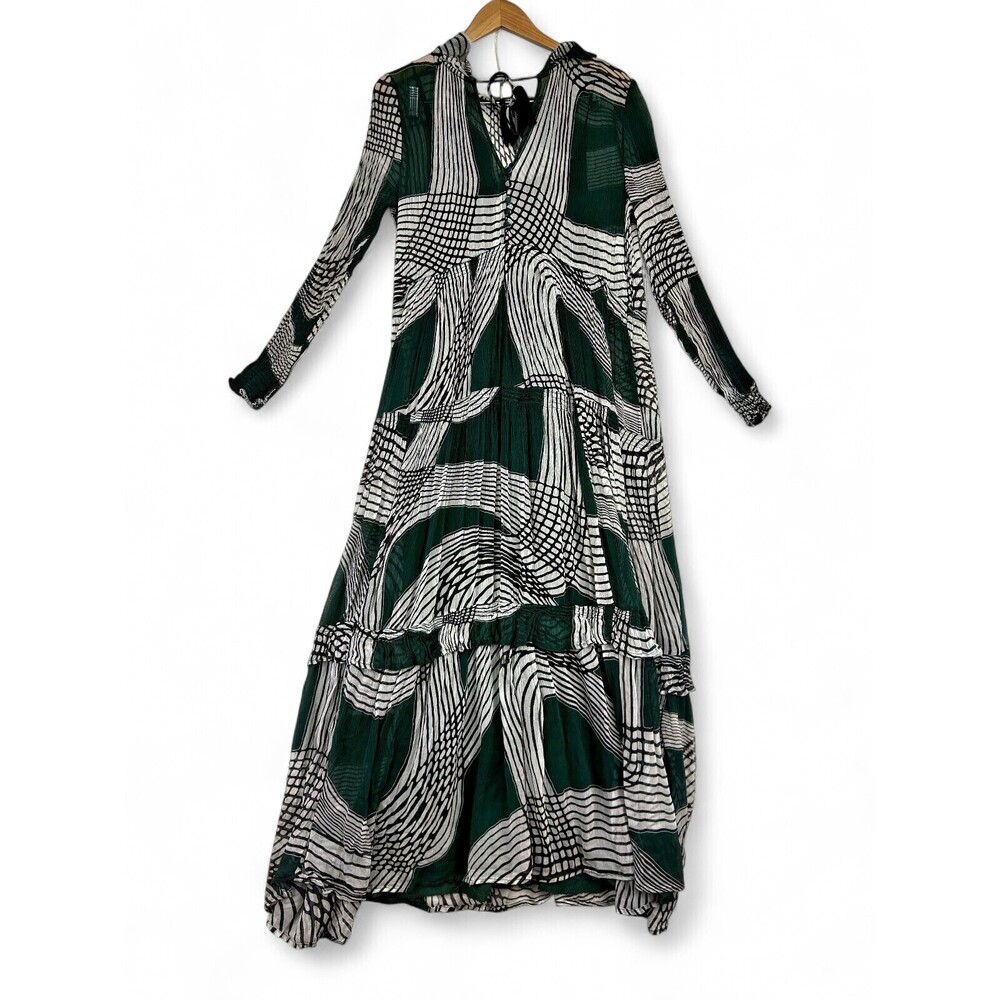Anthropologie Green and Black Abstract Long-Sleeve Maxi Dress